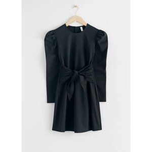 & other stories womens black long Puff Sleeve Knot Tie Mini Dress size 8
